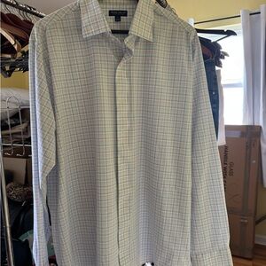 Peter Millar Men's Light White Button-Down Shirt with Green and Red Check